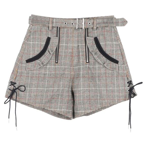 Self-Portrait Plaid Belted Mini Shorts in Grey Wool - Picture 1 of 6